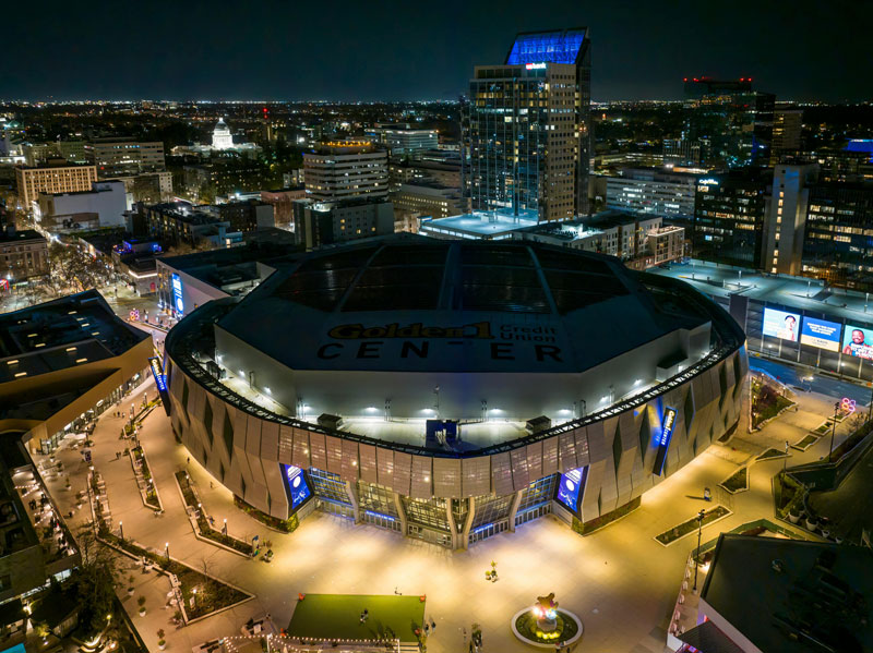 Aerial view of stadium and fan crowds